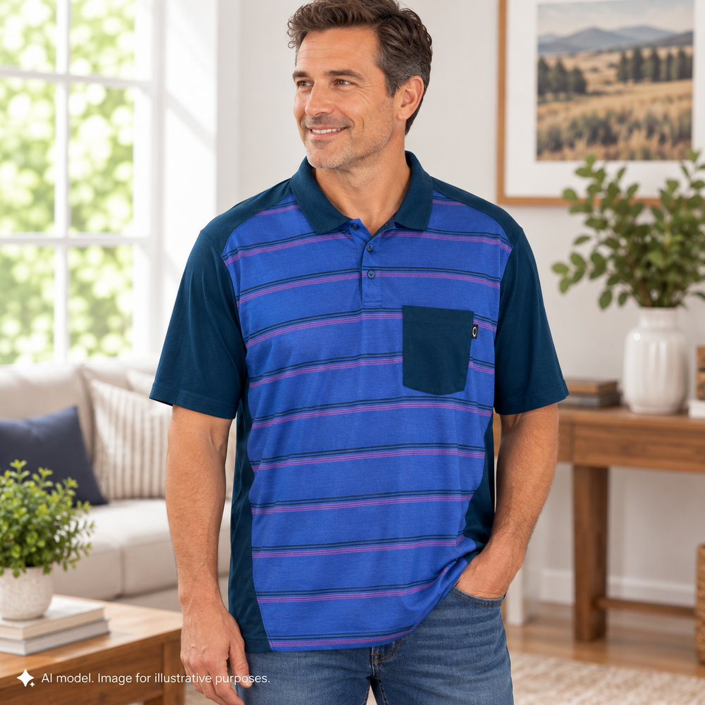 Oakley Polo Shirt Mens XXL/2XL Blue Stripe Pocket Logo Contrasting Collar Button